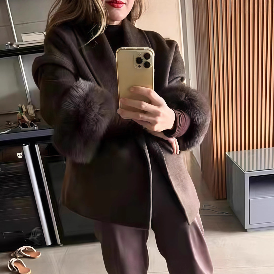 Women's fitted coat with belt tie, shawl collar and voluminous faux fur cuffs Mune Fashion