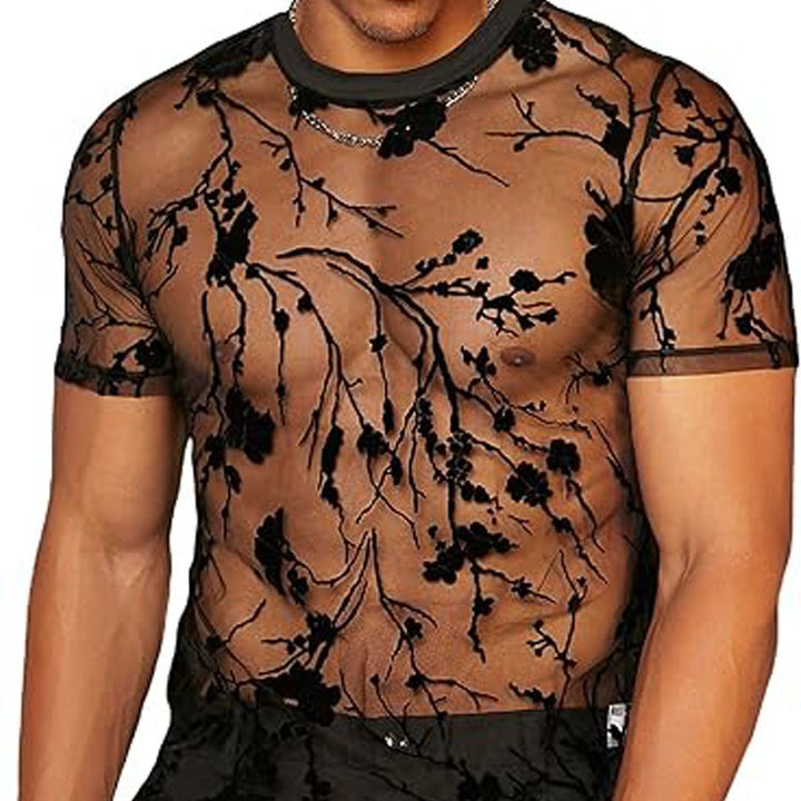 Women's nano transparent mesh top with floral velvet embroidery and round neckline Mune Fashion