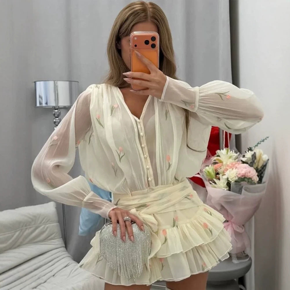 Ladies Two-Piece Chiffon Set with Embroidered Sheer Blouse and Ruffled Mini Skirt Mune Fashion