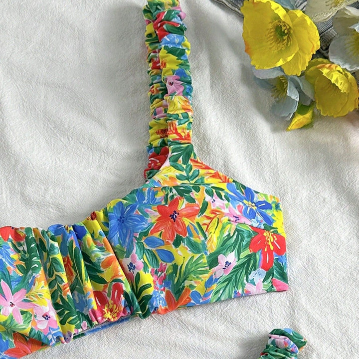 Women's Ultra-thin Floral Bikini with Elastic Ruffles Mune Fashion