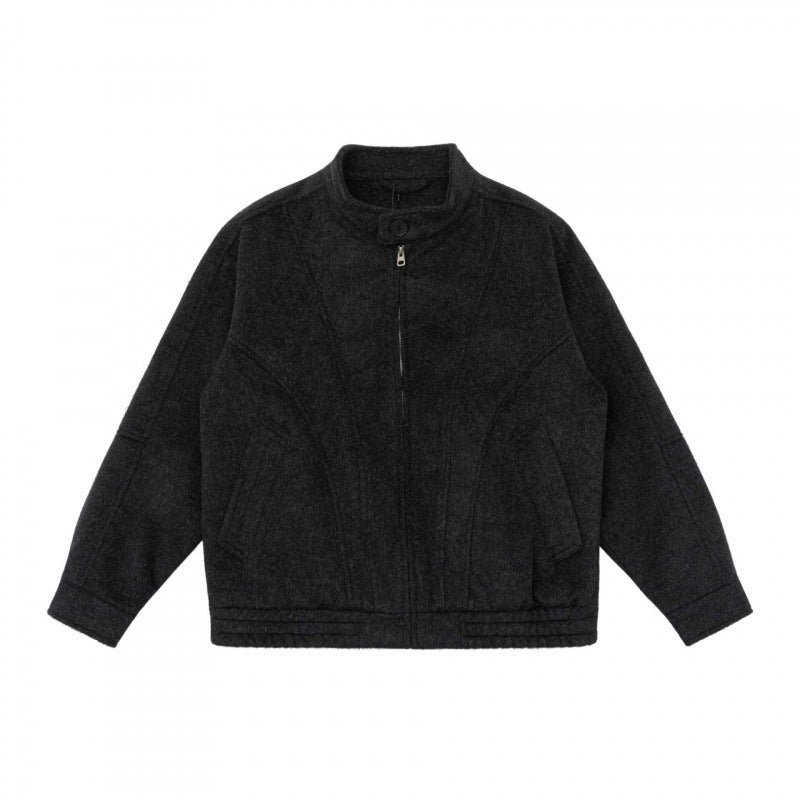 [Unisex] Boxy Wool Blend Zip Jacket in Overshirt Style with Short Stand-Up Collar Mune Fashion