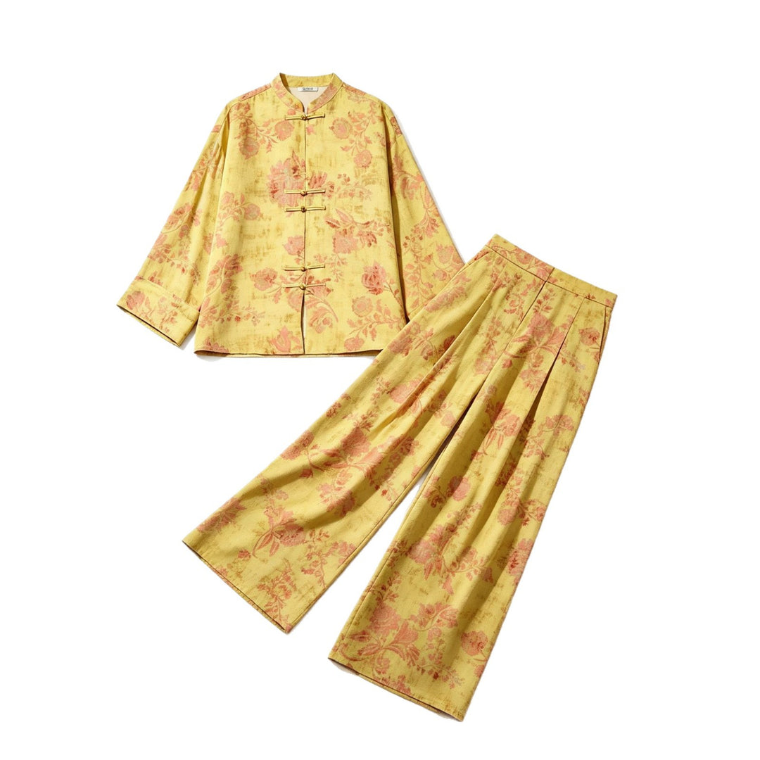 Women's High-Waisted Palazzo Pants with Floral Jacquard Pattern Drune