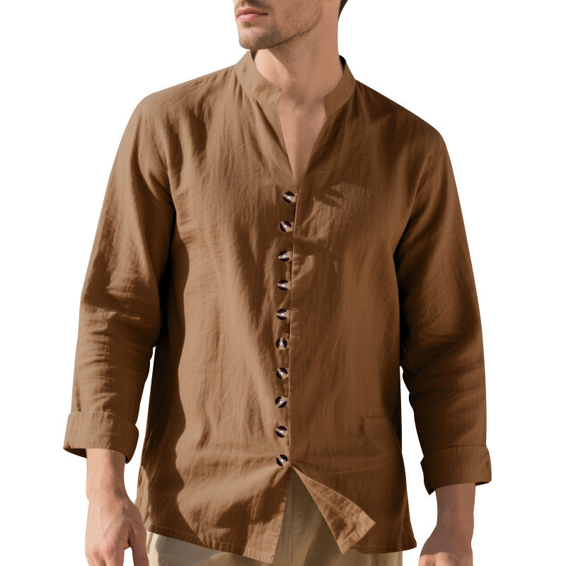 Men's casual linen shirt with Mandarin collar, continuous decorative button placket and roll-up sleeves Mune Fashion