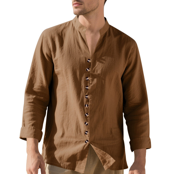 Men's casual linen shirt with Mandarin collar, continuous decorative button placket and roll-up sleeves Mune Fashion