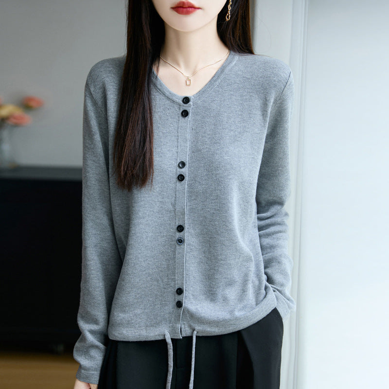 Women Lightweight Fine Knit Button Placket Cardigan with Round Neck Mune Fashion