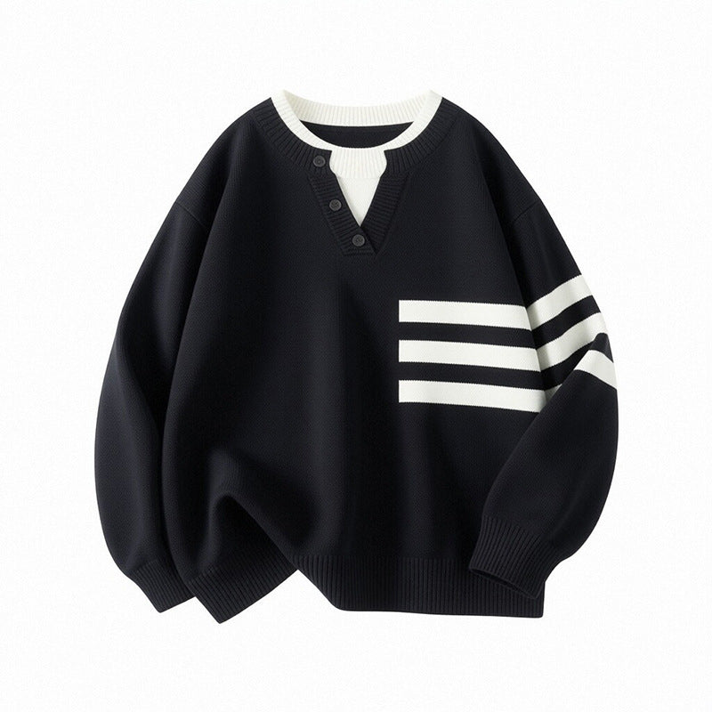 Women's Sporty Oversized Sweater with Button Placket and Stripes Mune Fashion