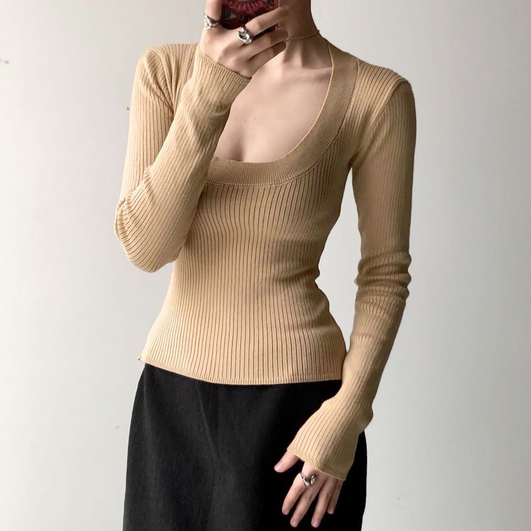 Women Fitted Ribbed Long Sleeve Shirt with Deep U-Neck Mune Fashion
