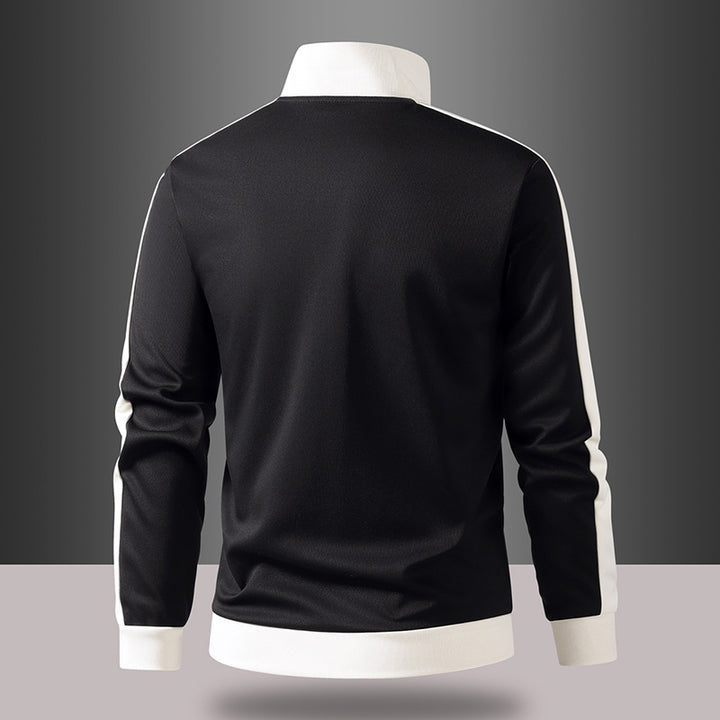 Men's retro track jacket with stand-up collar, contrast stripes, and visible zipper Mune Fashion