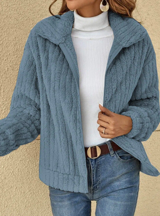 Ladies' fluffy teddy jacket with full-length zipper, stand-up collar, and front pockets Mune Fashion