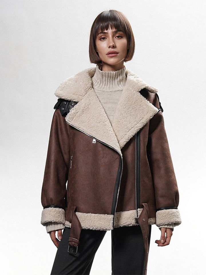 Women's Oversized Biker Jacket with Teddy Fur Lining and Adjustable Belts Mune Fashion