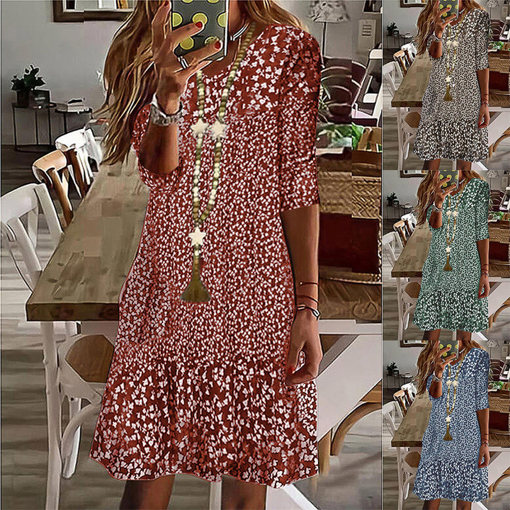 Women Casual Midi Dress with Ruffle Hem, Three-Quarter Sleeves and Floral Print Mune Fashion