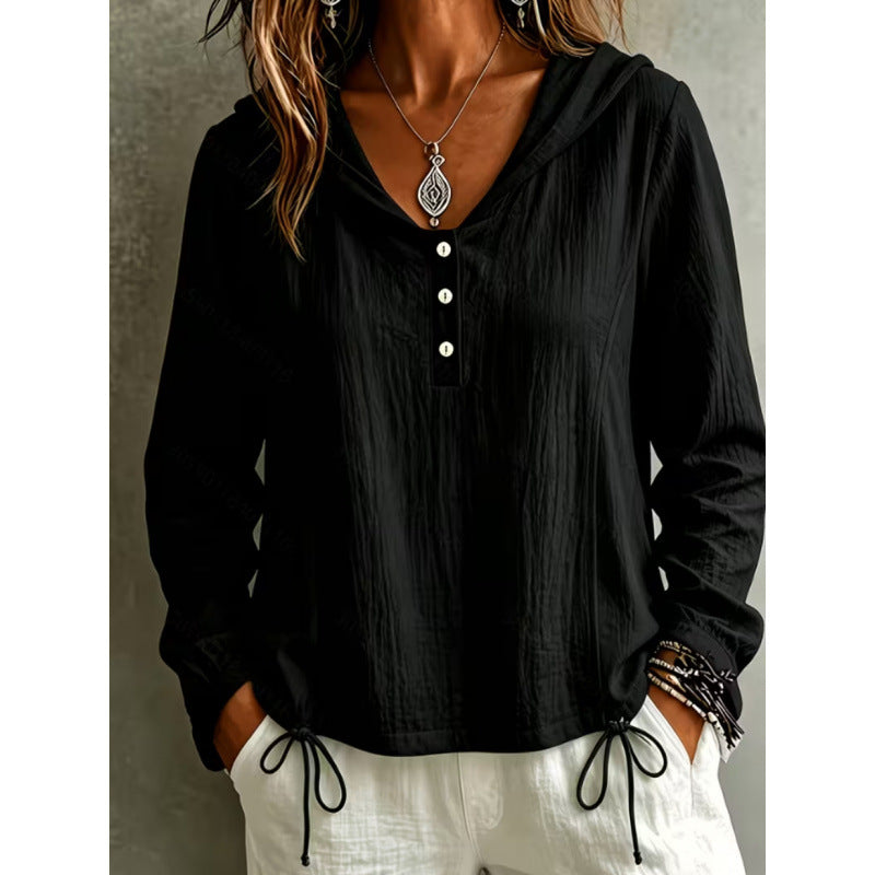 Women's Light Hooded Blouse made of Cotton Crinkle with Button Placket and Drawstring Hem Mune Fashion