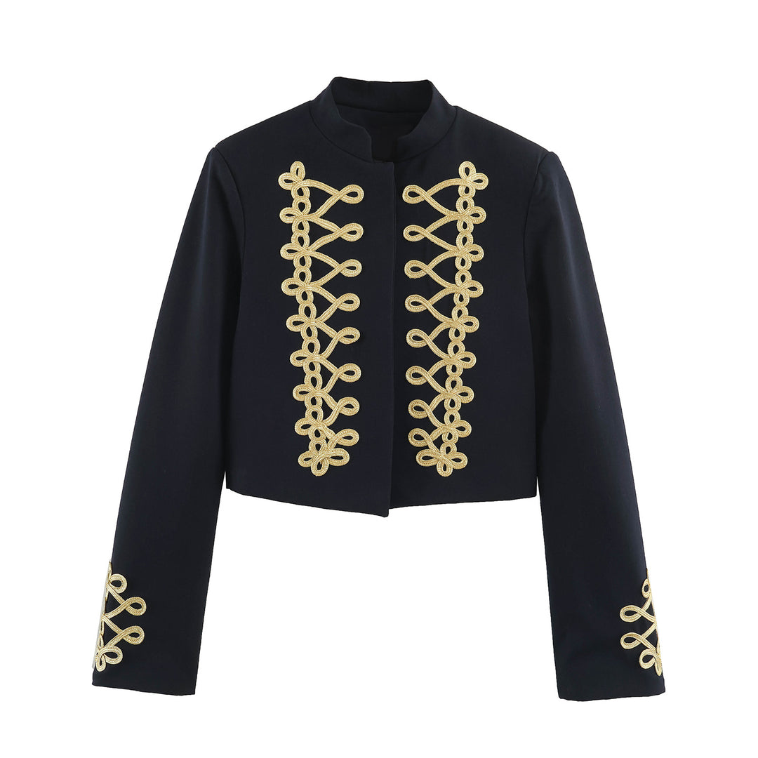 Women's Cropped Bolero Jacket with High Stand-Up Collar and Decorative Galloon Trim Mune Fashion