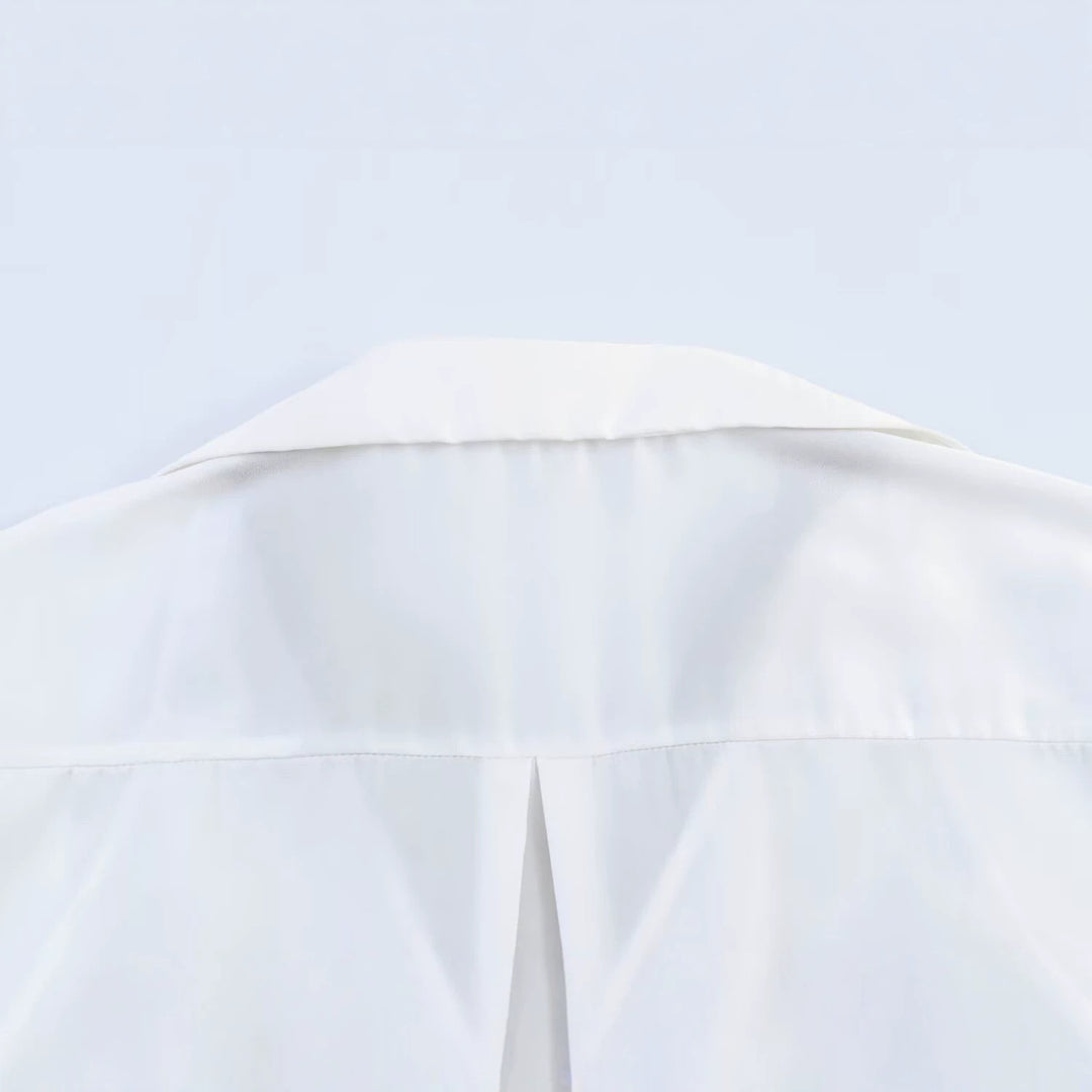 Women's Silky Oversized Blouse with Lace Insert and Shirt Collar Mune Fashion