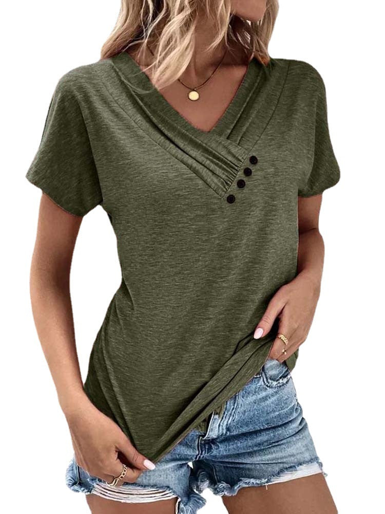 Women's Playful V-Neck T-Shirt with Refined Button Details Mune Fashion