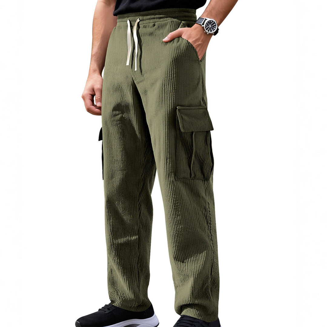 Men's casual corduroy cargo pants with elastic drawstring waist, straight leg, and flap pockets Mune Fashion
