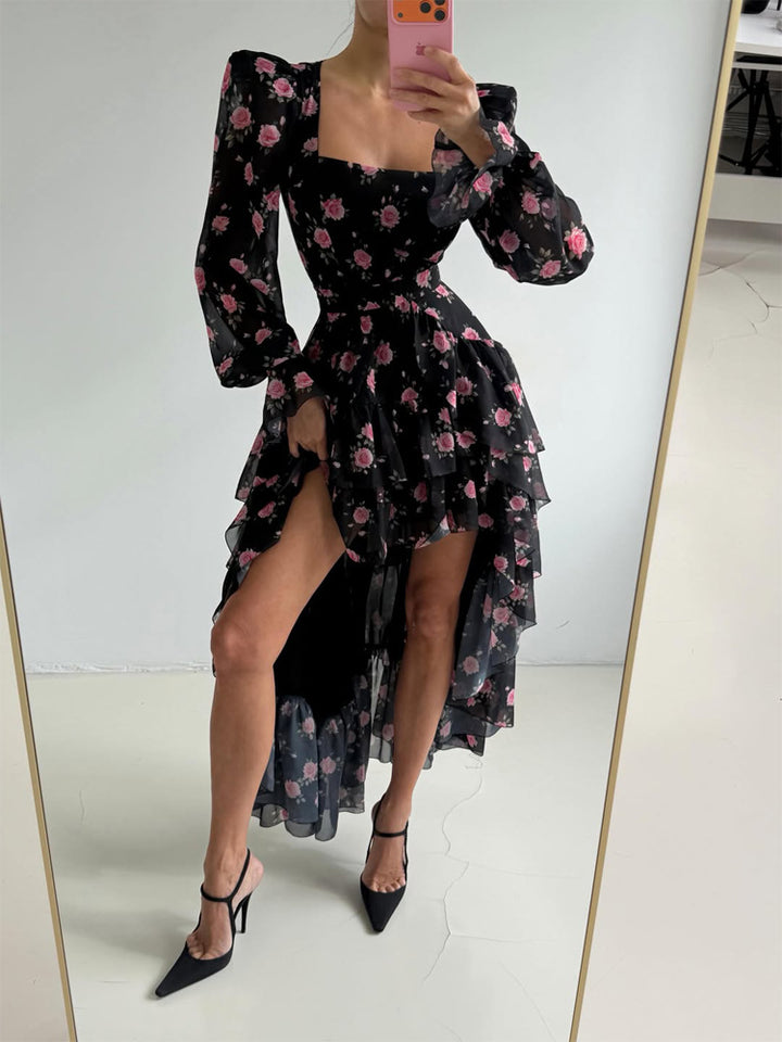 Women's maxi dress with layered ruffle high-low hem, square neckline, and sheer puff sleeves