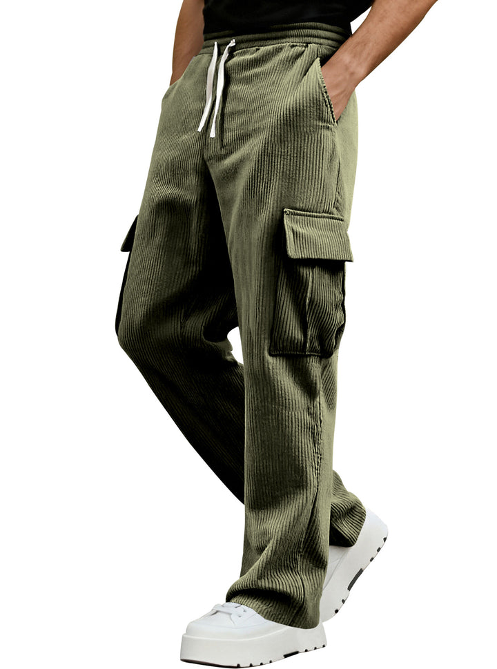 Men's casual corduroy cargo pants with elastic drawstring waist, straight leg, and flap pockets Mune Fashion