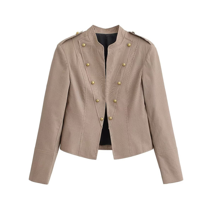 Women's Short Tailored Military Jacket with Stand-Up Collar and Decorative Buttons Mune Fashion