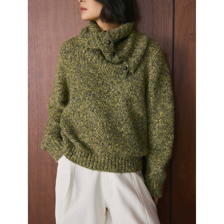 Women’s Fluffy Chunky Knit Sweater with Button Turtleneck Mune Fashion