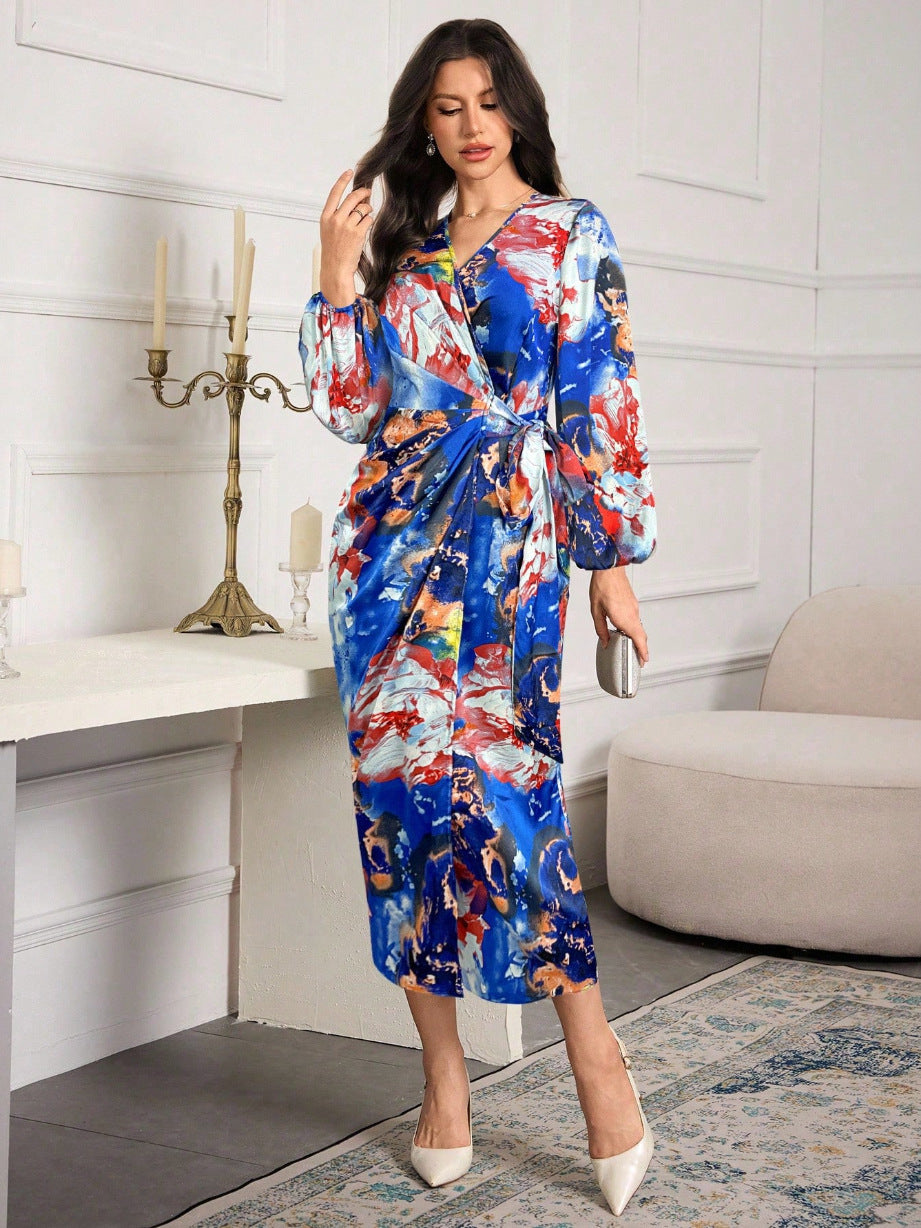 Women's Elegant Wrap Dress with Floral Accents Mune Fashion