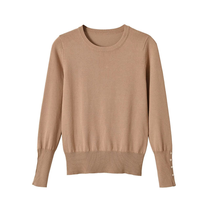 Women's fine knit pullover with stripe pattern, round neckline and decorative button detail Mune Fashion