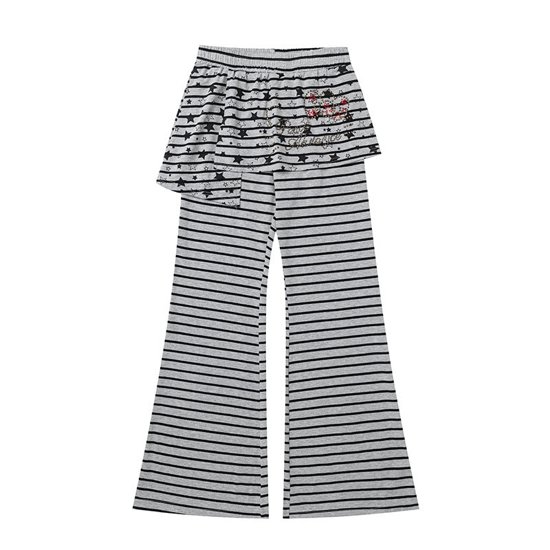 Women's Striped Palazzo Jersey Pants with Attached Ruffle Skirt and Wide Flare