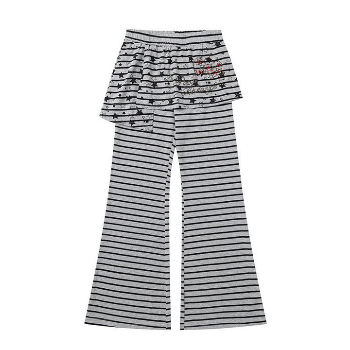 Women's Striped Palazzo Jersey Pants with Attached Ruffle Skirt and Wide Flare