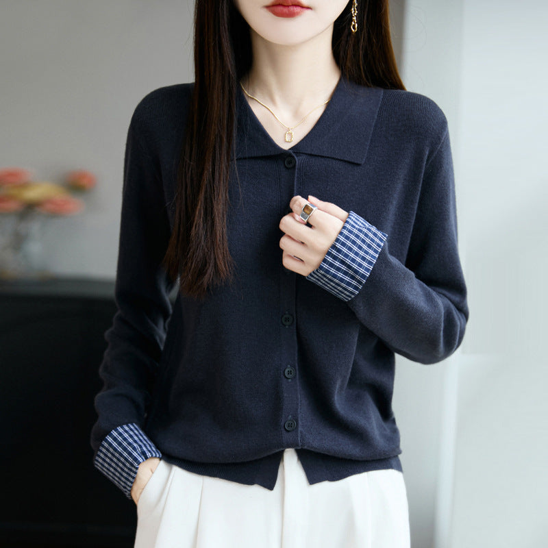 Women's Lightweight Fine Knit Cardigan with Wide Shirt Collar and Front Button Placket Mune Fashion