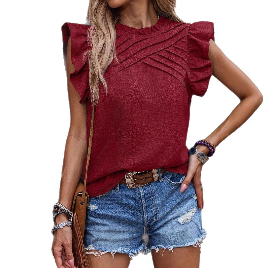 Women's Sleeveless Linen Look Top with Decorative Pleat Yoke and Flounce Sleeves Mune Fashion