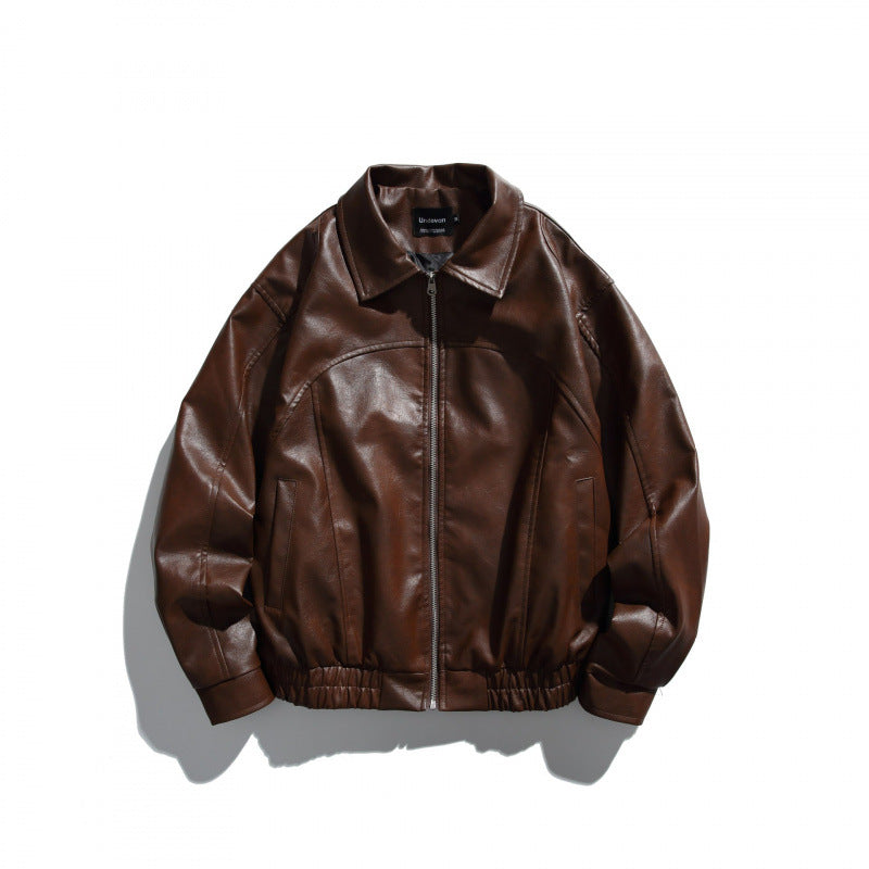 Men's short boxy leather look blouson jacket with shirt collar, front zipper and elastic hem Mune Fashion