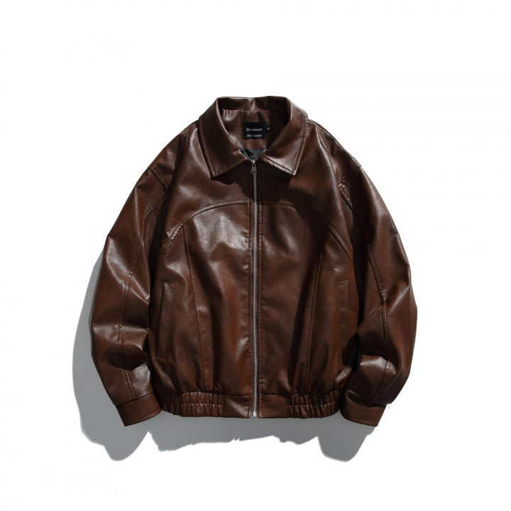 Men's short boxy leather look blouson jacket with shirt collar, front zipper and elastic hem Mune Fashion