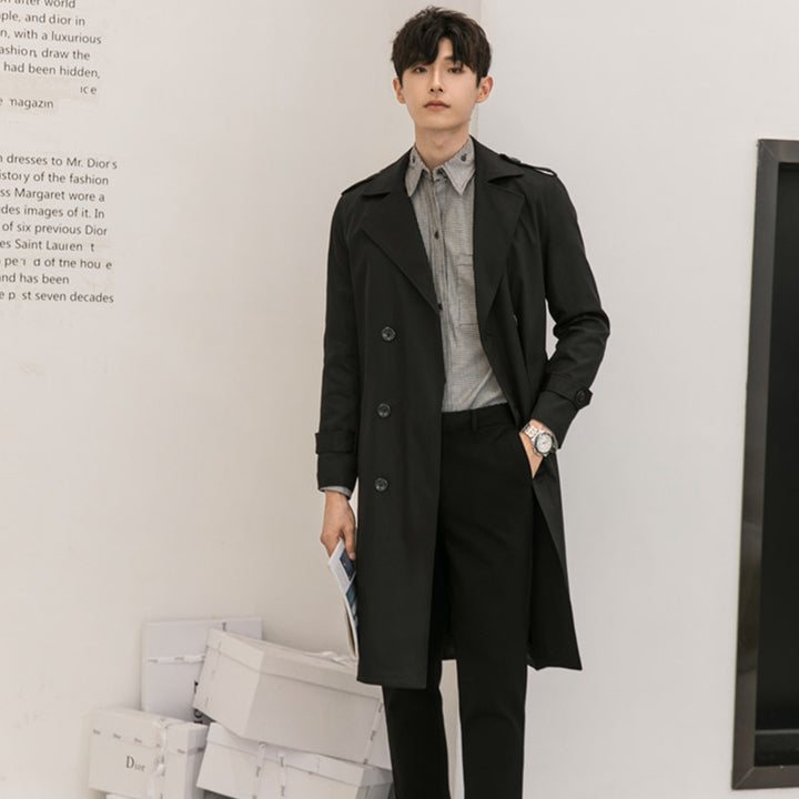Men Water-repellent Trench Coat with Double Row, Classic Lapels and Waist Belt Mune Fashion