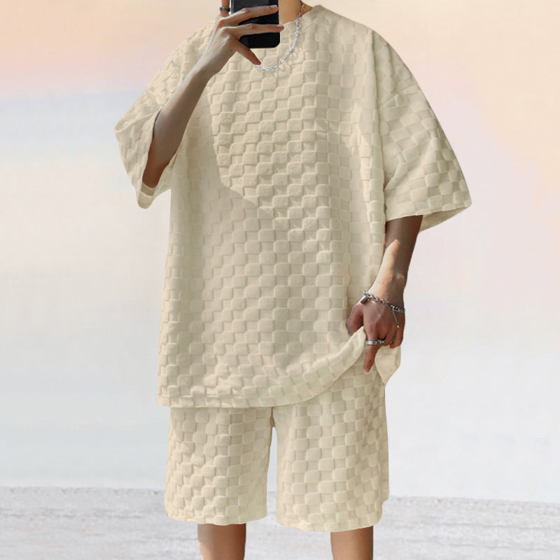 Unisex nan structured relief set made of honeycomb jersey with oversized shirt and knee-length shorts Mune Fashion
