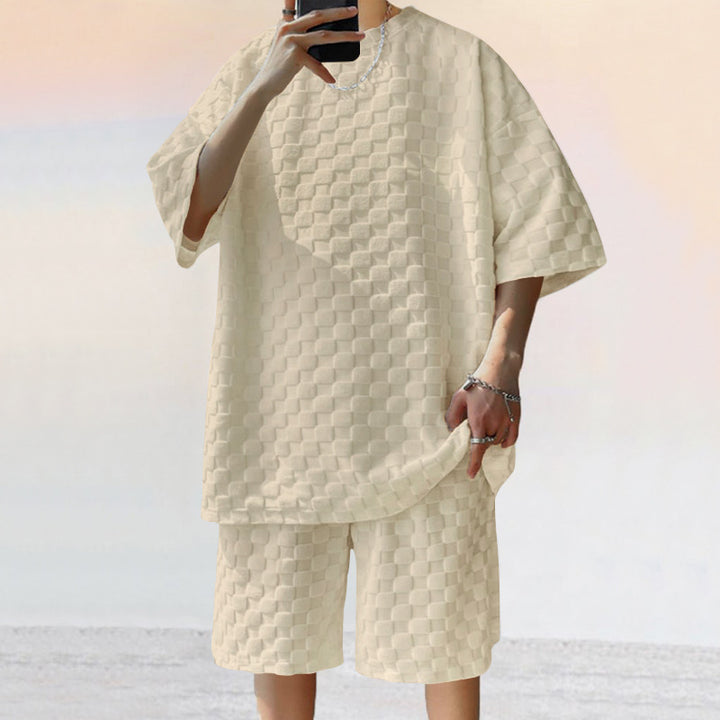 Unisex nan structured relief set made of honeycomb jersey with oversized shirt and knee-length shorts Mune Fashion