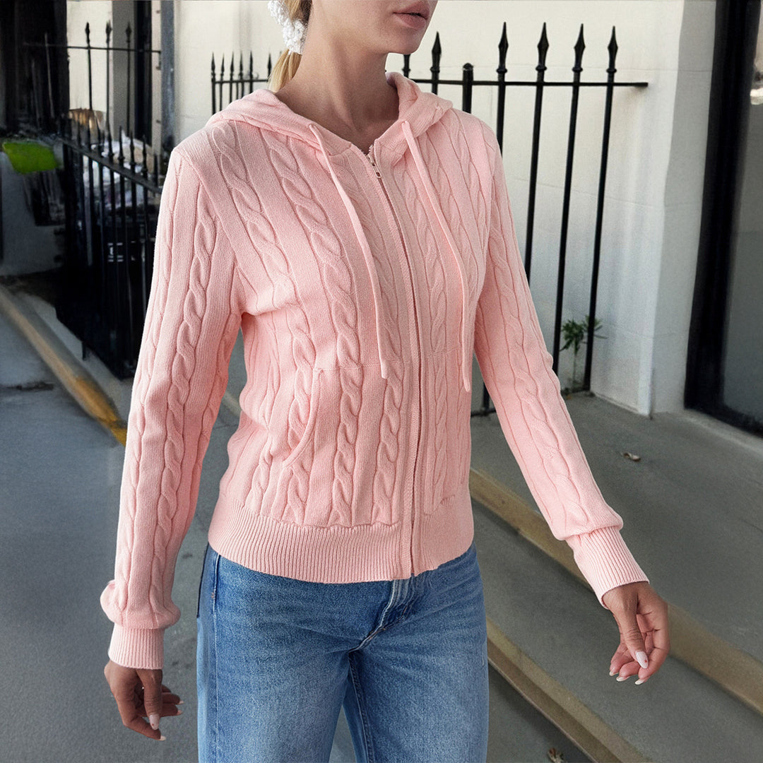 Women's Hooded Cardigan with Zipper, Cable Knit Texture and Kangaroo Pocket Mune Fashion