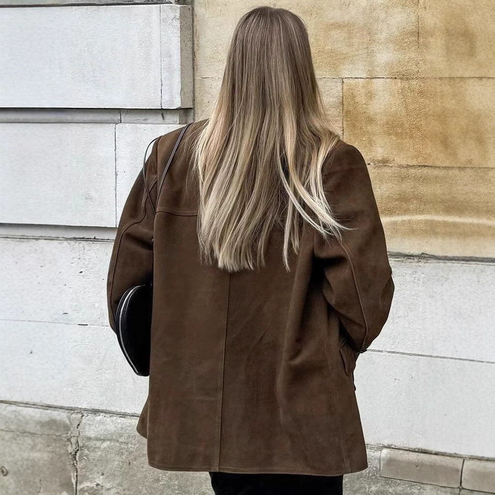 Women's Oversized Suede Blazer with Lapel Collar and Flap Pockets Mune Fashion