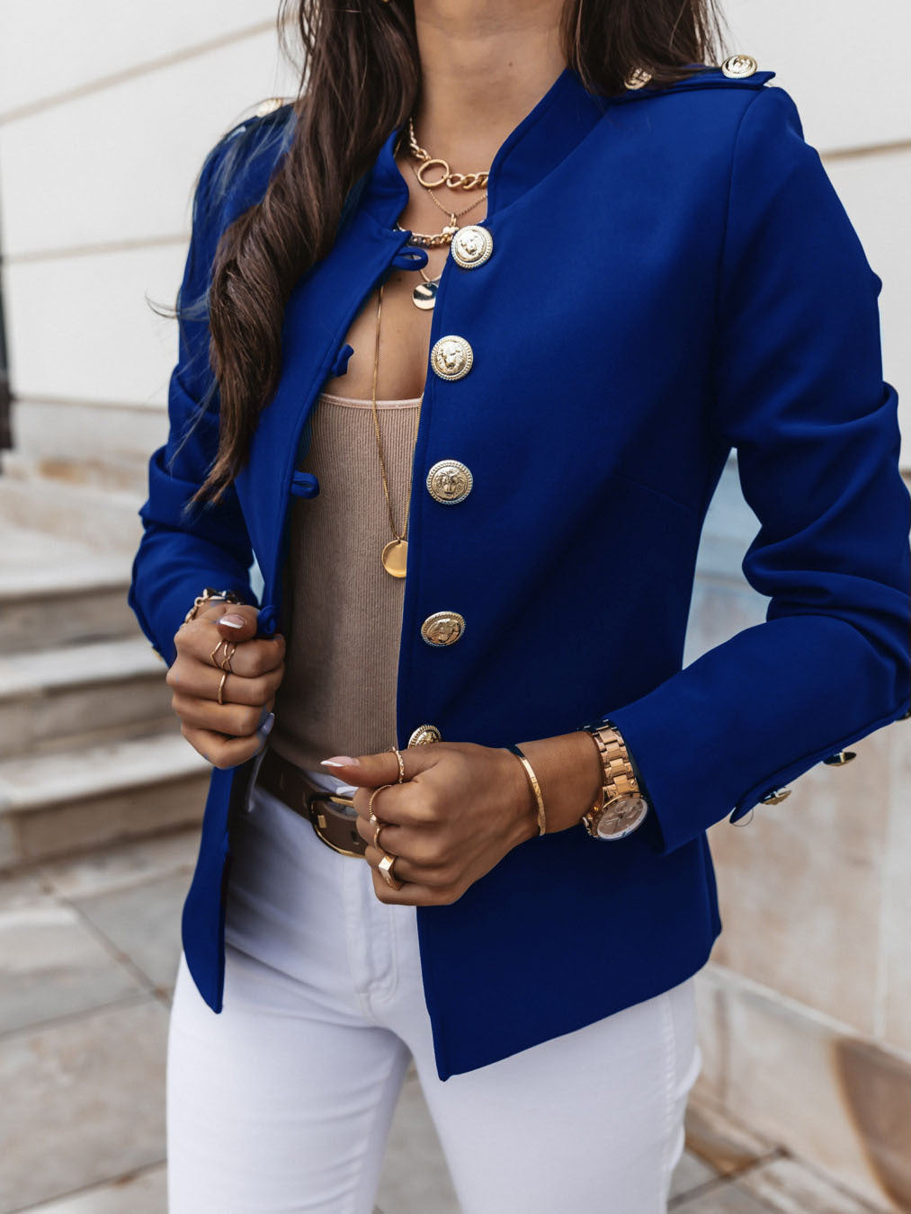 Women's military blazer with stand-up collar and decorative gold buttons Mune Fashion