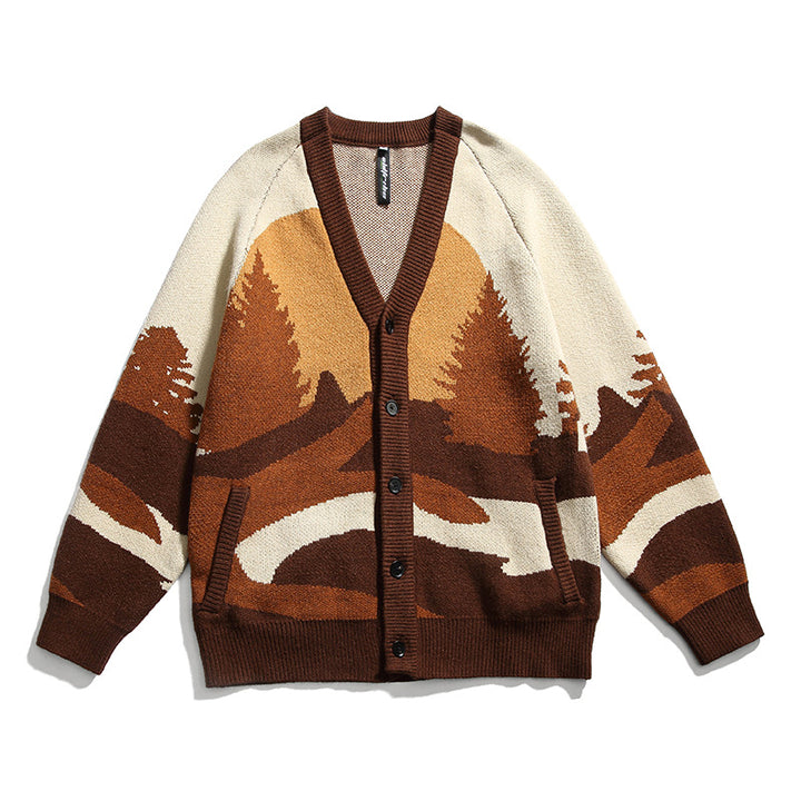 Unisex Chunky Knit V-Neck Cardigan with Landscape Jacquard Pattern and Patch Pockets Mune Fashion