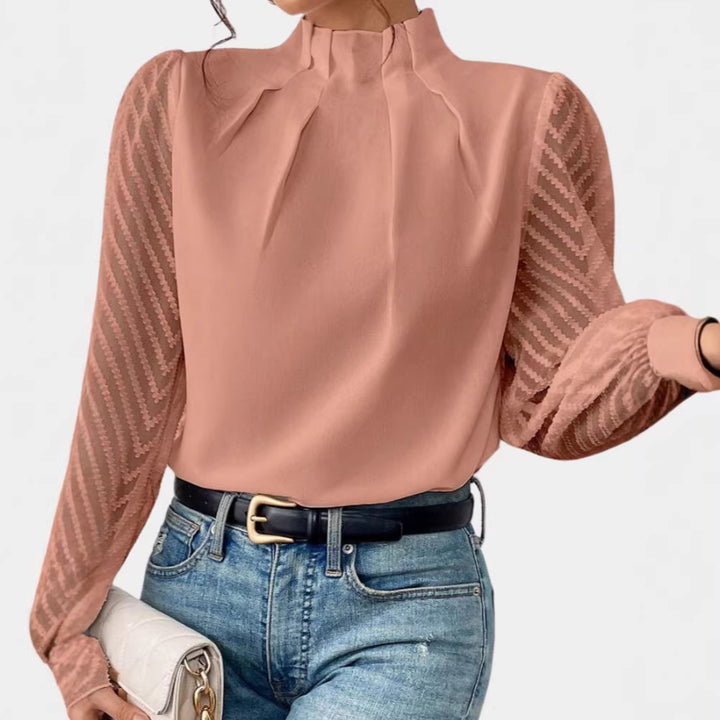 Women's Elegant Chiffon Blouse with Stand-Up Collar, Pleated Edge and Transparent Jacquard Sleeves Drune