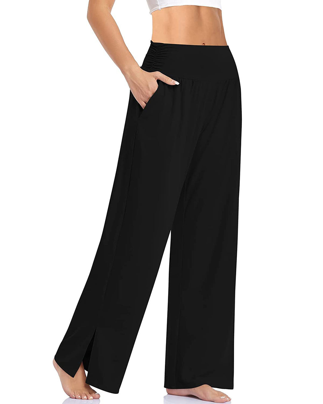 Women's wide Yoga pants with high comfort waistband, side pockets, and side leg slit Mune Fashion