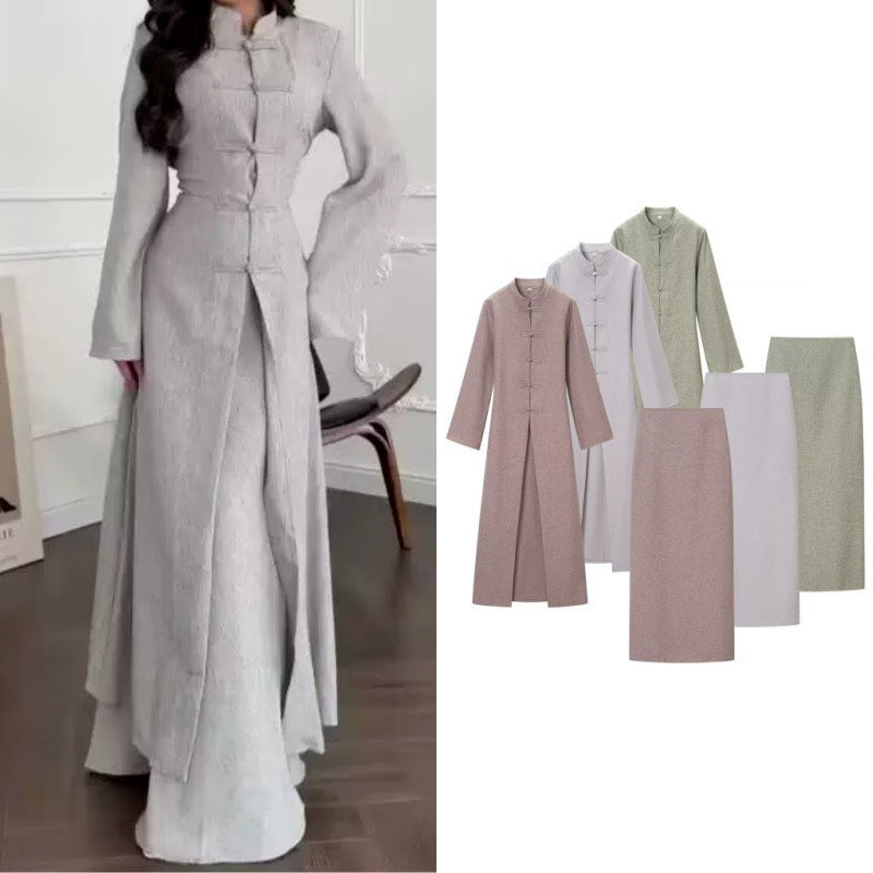 Women's Long Sleeve Maxi Dress with Stand Collar Toggle Button Closure and Front Slit Mune Fashion
