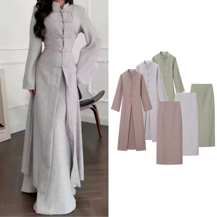 Women's Long Sleeve Maxi Dress with Stand Collar Toggle Button Closure and Front Slit Mune Fashion