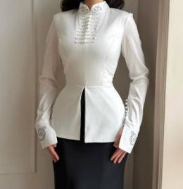 Women tailored satin jacket with mandarin collar, decorative cord closures and embroidered cuffs Mune Fashion