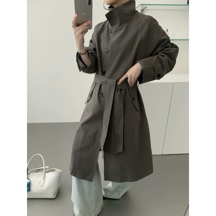 Women Mid-length Trench Coat with High Stand Collar, Tie Belt and Casual Oversize Silhouette Mune Fashion
