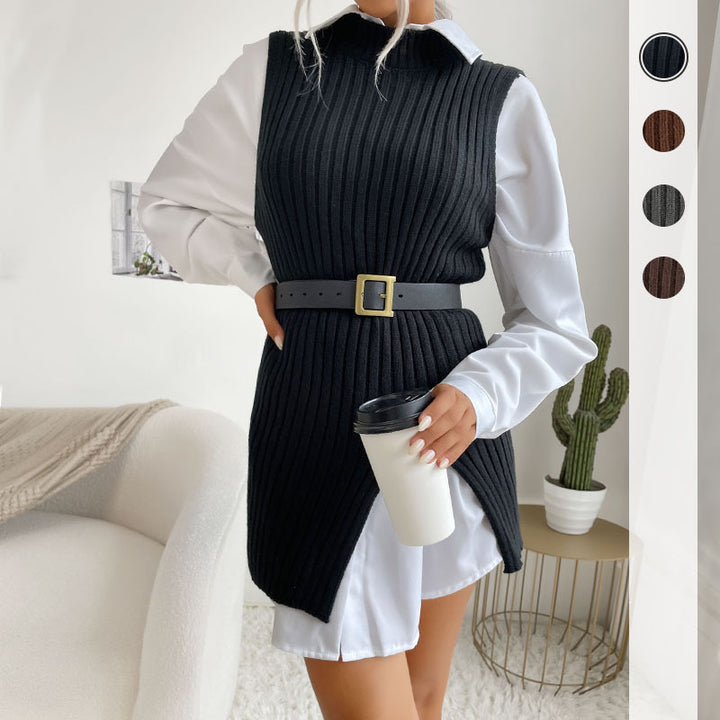 Women's Ribbed Knit Tunic with Stand-up Collar, Side Slits and Fitted Silhouette Mune Fashion