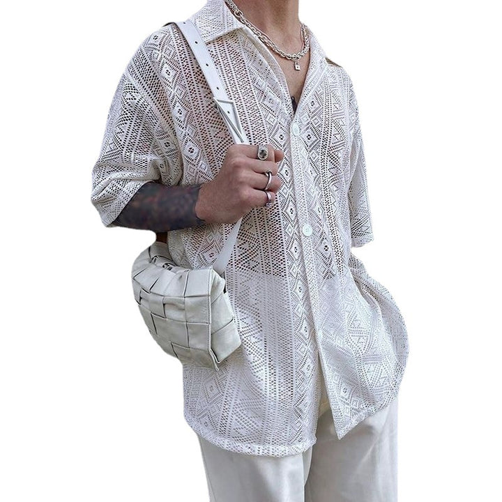 Women's light crocheted blouse with shirt collar and button placket Mune Fashion