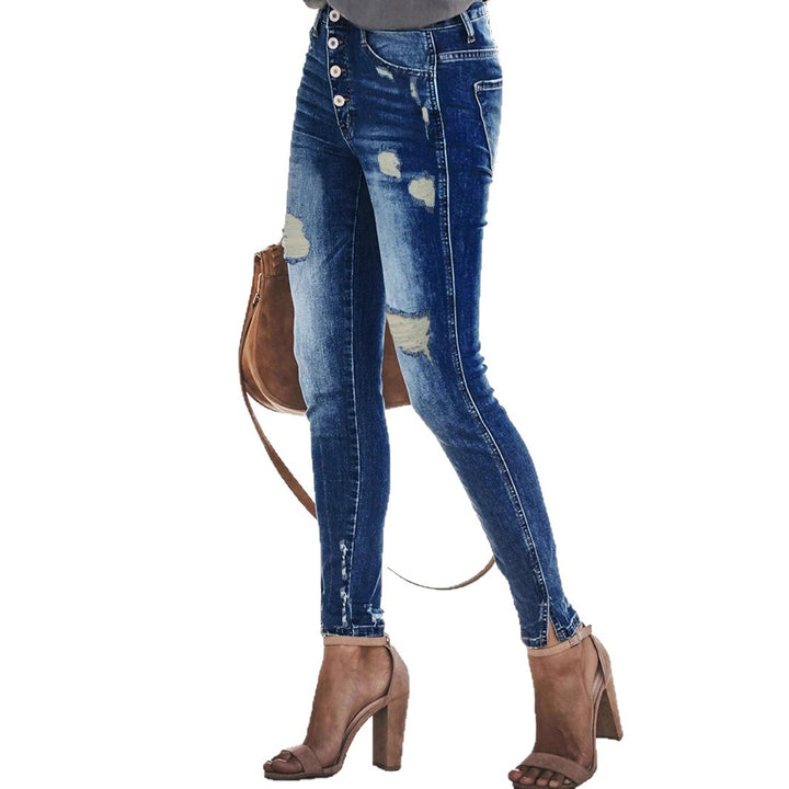 Women's High-Waist Skinny Jeans in Used Look with Visible Button Placket and Ankle Slit Mune Fashion