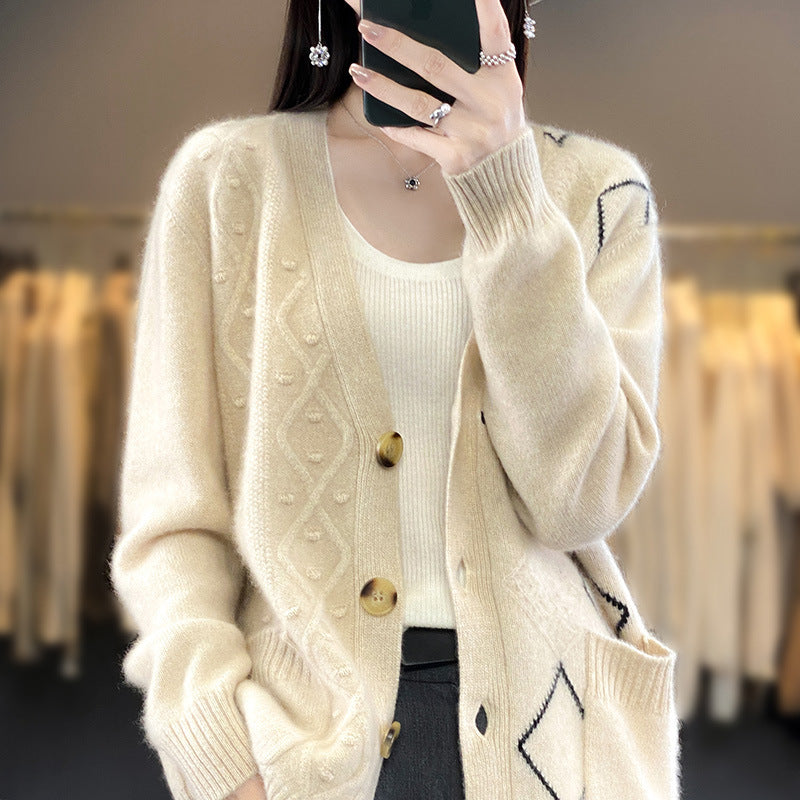 Ladies Cozy Oversized Cardigan with Openwork and Diamond Detail Mune Fashion