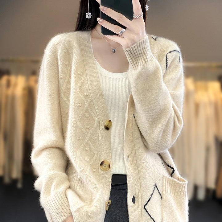 Ladies Cozy Oversized Cardigan with Openwork and Diamond Detail Mune Fashion